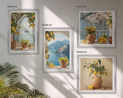 Composizione di 4 quadri limoni di città di mare fiori