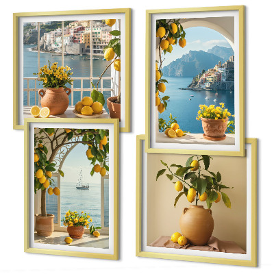 Composizione di 4 quadri limoni di città di mare fiori