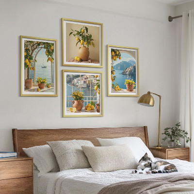 Composizione di 4 quadri limoni di città di mare fiori