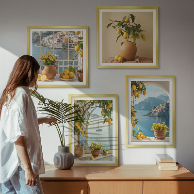 Composizione di 4 quadri limoni di città di mare fiori