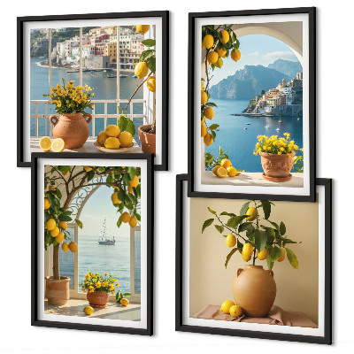 Composizione di 4 quadri limoni di città di mare fiori