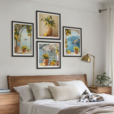 Composizione di 4 quadri limoni di città di mare fiori