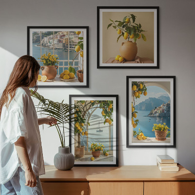 Composizione di 4 quadri limoni di città di mare fiori
