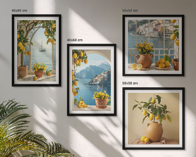 Composizione di 4 quadri limoni di città di mare fiori