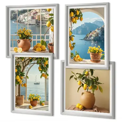 Composizione di 4 quadri limoni e fiori di città di mare composizione di 4 quadri