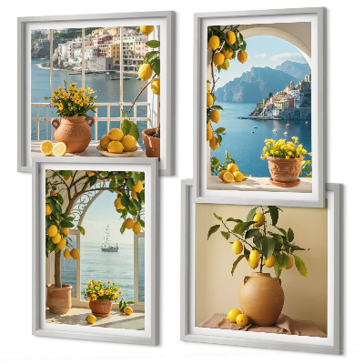 Composizione di 4 quadri limoni di città di mare fiori
