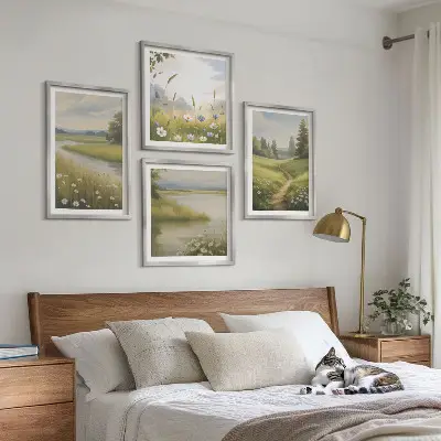 Paesaggio primaverile con fiume e prato polittico con cornice