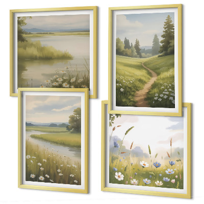 Polittico con cornice Paesaggio primaverile, fiume e prato