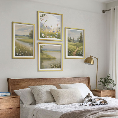 Polittico con cornice Paesaggio primaverile, fiume e prato