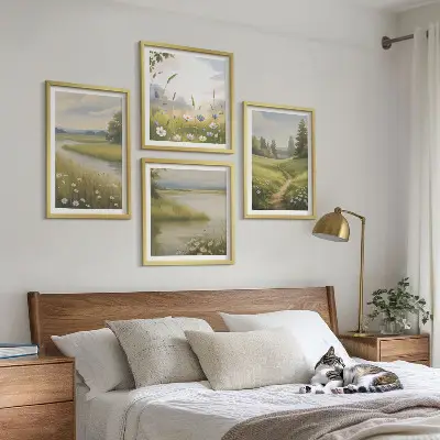 Paesaggio primaverile con fiume e prato polittico con cornice