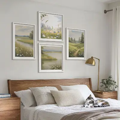 Paesaggio primaverile con fiume e prato polittico con cornice