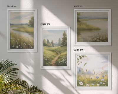 Polittico con cornice Paesaggio primaverile, fiume e prato
