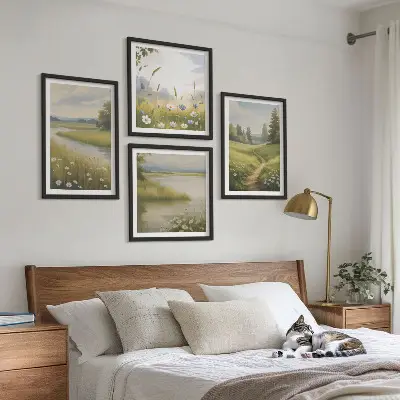 Paesaggio primaverile con fiume e prato polittico con cornice