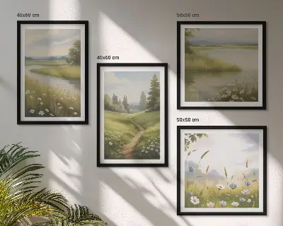 Paesaggio primaverile con fiume e prato polittico con cornice