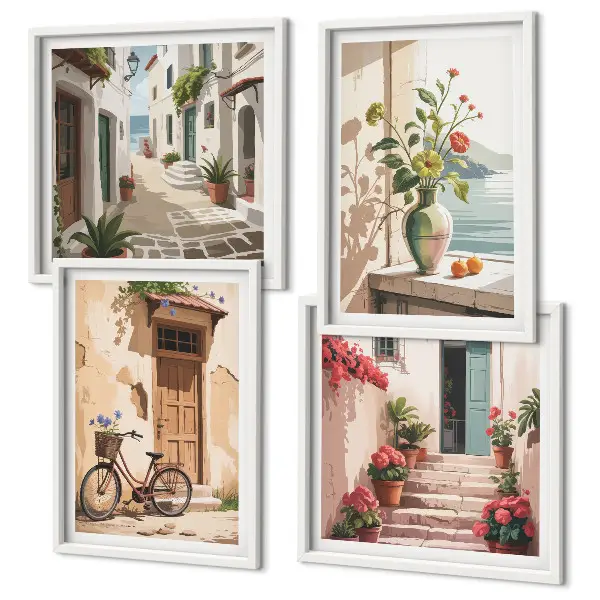 Composizione di 4 quadri fiori per le strade con bicicletta dipinta