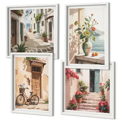 Composizione di 4 quadri fiori per le strade con bicicletta dipinta