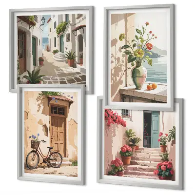 Composizione di 4 quadri fiori per le strade con bicicletta dipinta