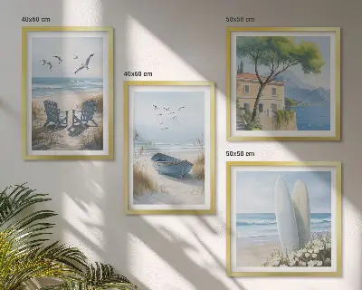 Polittico con cornice con tavole da spiaggia, barca da surf e uccelli