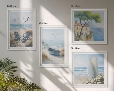 Polittico con cornice con tavole da spiaggia, barca da surf e uccelli