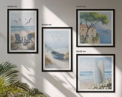 Polittico con cornice con tavole da spiaggia, barca da surf e uccelli