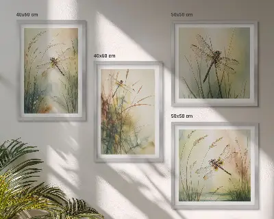 Galleria a parete erbe che crescono sulle rive del fiume con libellule