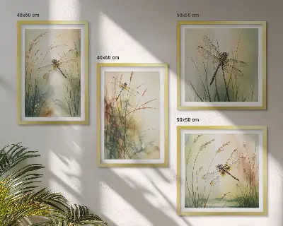 Galleria a parete erbe che crescono sulle rive del fiume con libellule