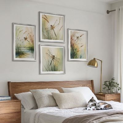Composizione di 4 quadri Libellule, pittura ad acquerello sull'erba