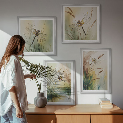 Composizione di 4 quadri Libellule, pittura ad acquerello sull'erba