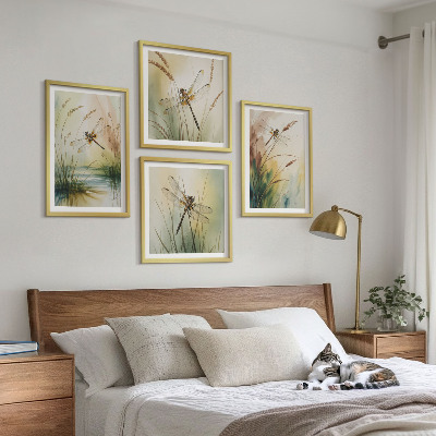 Composizione di 4 quadri Libellule, pittura ad acquerello sull'erba