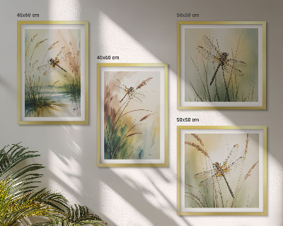 Composizione di 4 quadri Libellule, pittura ad acquerello sull'erba