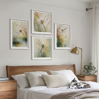 Composizione di 4 quadri Libellule, pittura ad acquerello sull'erba
