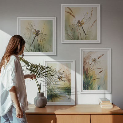 Composizione di 4 quadri Libellule, pittura ad acquerello sull'erba
