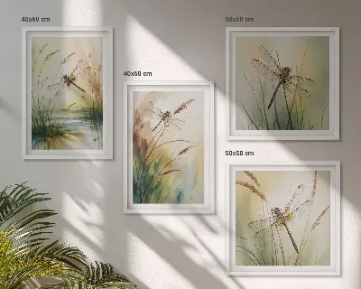 Libellule, pittura ad acquerello sull'erba composizione di 4 quadri