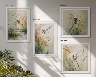 Composizione di 4 quadri Libellule, pittura ad acquerello sull'erba