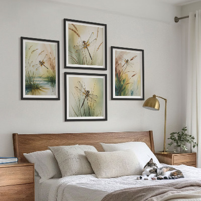 Composizione di 4 quadri Libellule, pittura ad acquerello sull'erba