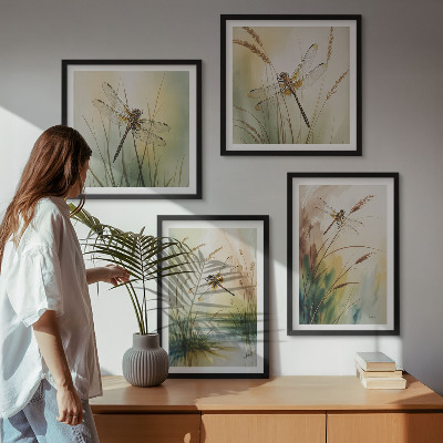 Composizione di 4 quadri Libellule, pittura ad acquerello sull'erba