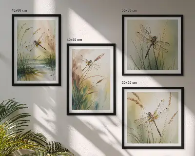 Libellule, pittura ad acquerello sull'erba composizione di 4 quadri