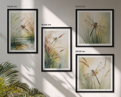 Composizione di 4 quadri Libellule, pittura ad acquerello sull'erba