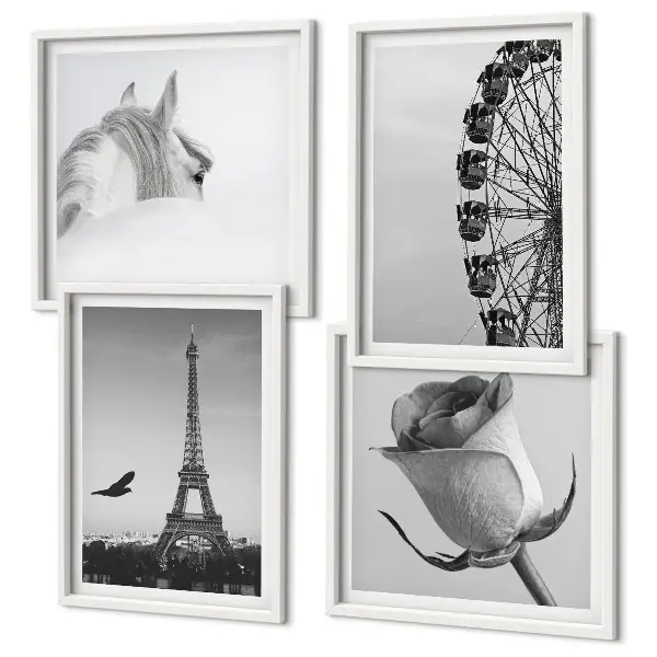 Galleria a parete con stampa in bianco e nero raffigurante la Torre Eiffel, un cavallo e una ruota panoramica