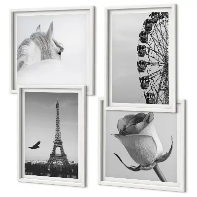 Galleria a parete con stampa in bianco e nero raffigurante la Torre Eiffel, un cavallo e una ruota panoramica
