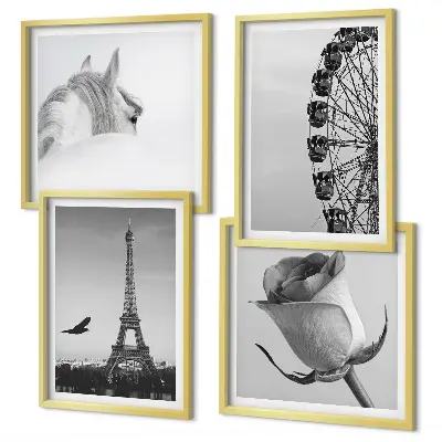 Galleria a parete con stampa in bianco e nero raffigurante la Torre Eiffel, un cavallo e una ruota panoramica