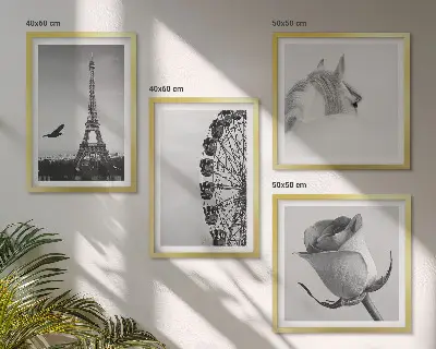 Galleria a parete con stampa in bianco e nero raffigurante la Torre Eiffel, un cavallo e una ruota panoramica