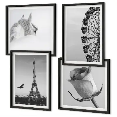 Galleria a parete con stampa in bianco e nero raffigurante la Torre Eiffel, un cavallo e una ruota panoramica