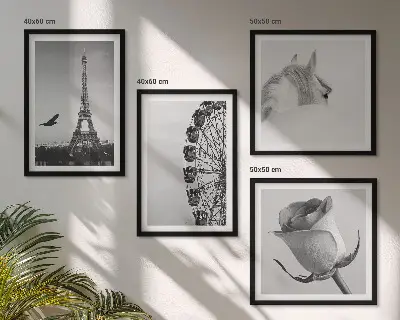 Galleria a parete con stampa in bianco e nero raffigurante la Torre Eiffel, un cavallo e una ruota panoramica