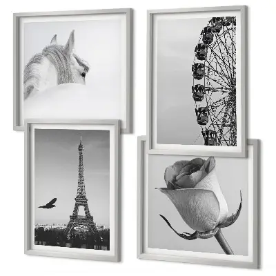 Galleria a parete con stampa in bianco e nero raffigurante la Torre Eiffel, un cavallo e una ruota panoramica