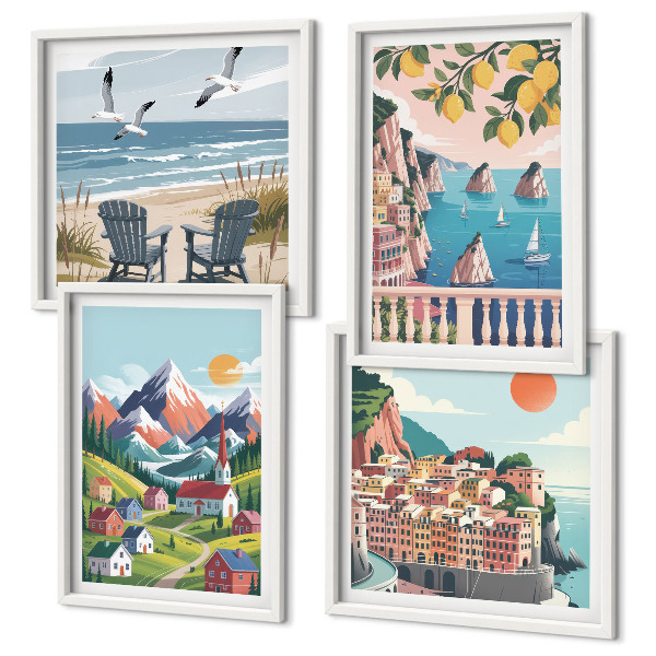 Composizione di 4 quadri Montagne colorate e città costiere