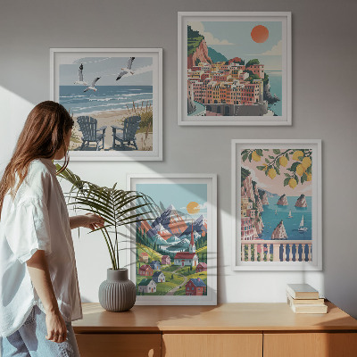 Composizione di 4 quadri Montagne colorate e città costiere