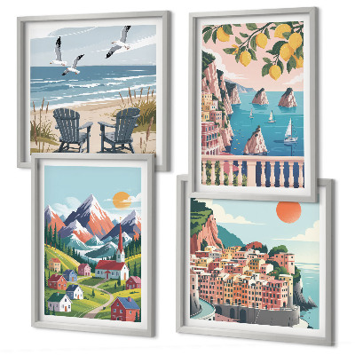 Composizione di 4 quadri Montagne colorate e città costiere