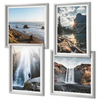 Polittico con cornice paesaggio naturale con montagne e cascate