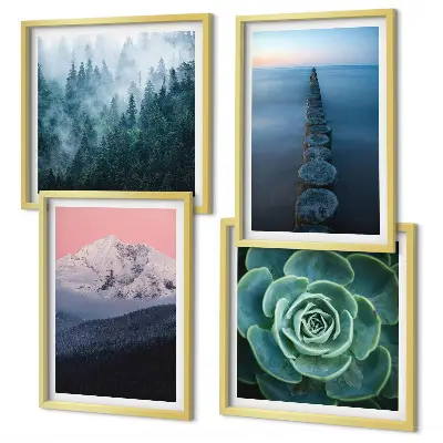 Galleria a parete con stampa di montagne e cielo rosa su tonalità acquerello